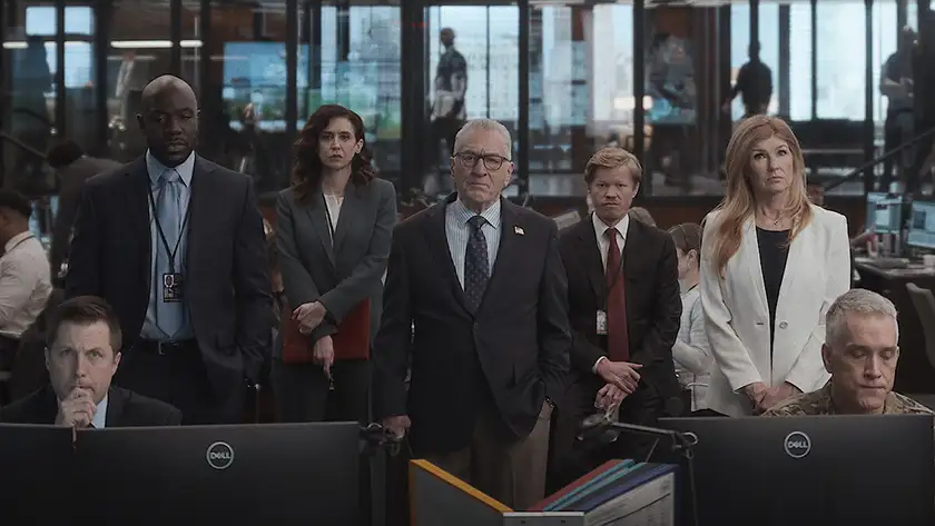 (L to R) McKinley Belcher III as Carl Otieno, Mozhan Navabi as Melissa Kornblau, Robert De Niro as George Mullen, Jesse Plemons as Roger Carlson and Connie Britton as Valerie Whitesell in Episode 102 of Zero Day