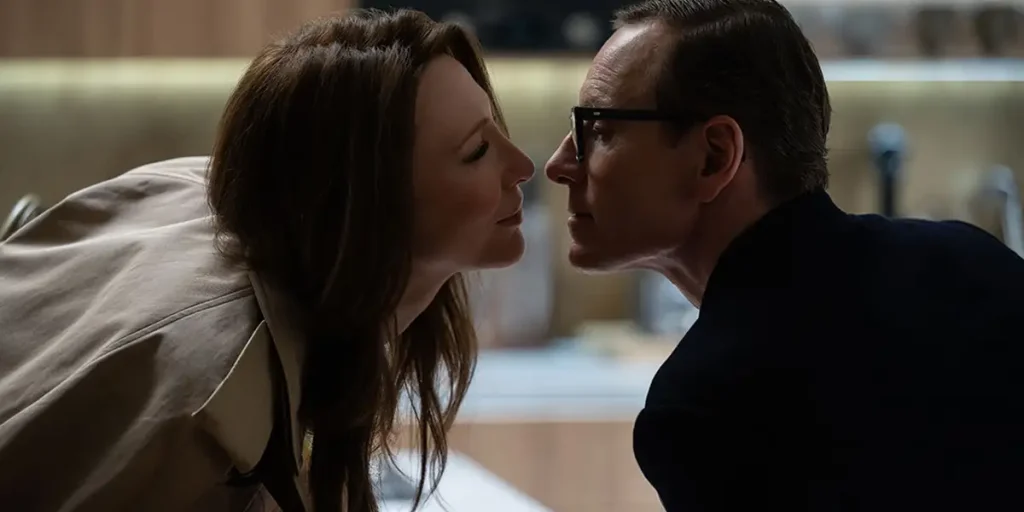 Cate Blanchett and Michael Fassbender are about to kiss in Black Bag