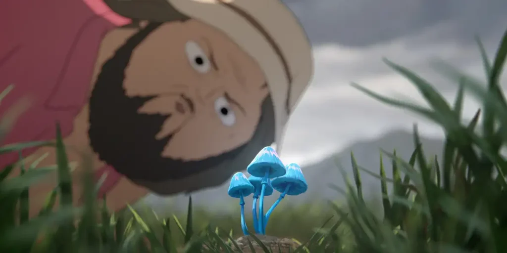 A man looks at a blue magic mushroom in an animated still from the Adult Swim series Common Side Effects