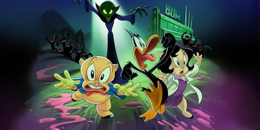 Porky Pig and Daffy Duck run from the gum alien in Looney Tunes: The Day the Earth Blew Up