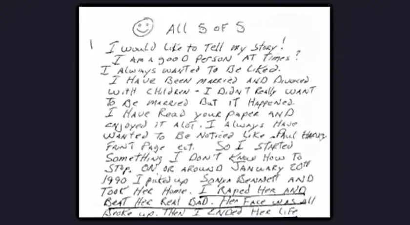 One of Keith Jesperson's anonymous letters as the Happy Face Killer, whose true story is explored in this article