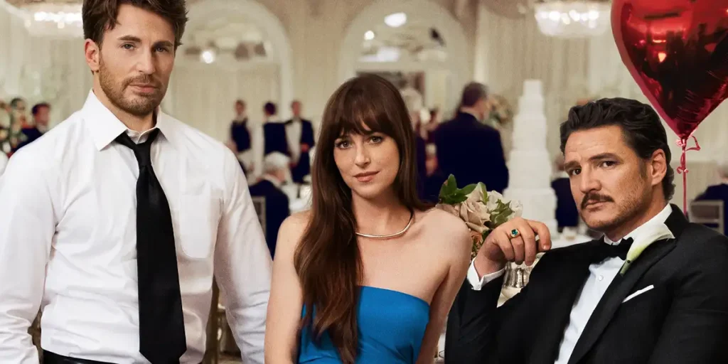 Chris Evans, Dakota Johnson and Pedro Pascal in Celine Song's Materialists, which this article explores everything we know about