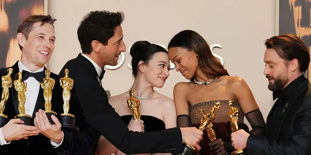 Sean Baker, Adrien Brody, Mikey Madison, Zoe Saldaña and Kieran Cullen pose backstage with their Oscars at the live ABC Telecast of the 97th Academy Awards on Sunday, March 2, 2025.