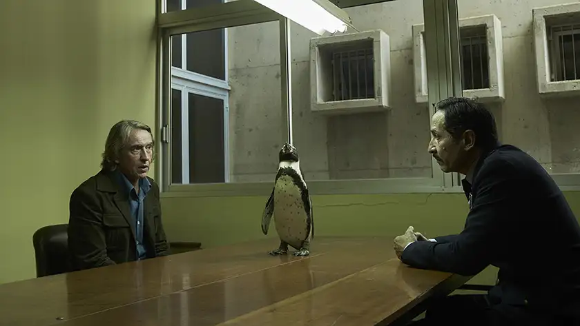 STEVE COOGAN as Tom Michel, BABA/RICHARD the penguin as Juan Salvador, and Osvaldo Ayre as Customs Officer in ‘The Penguin Lessons’