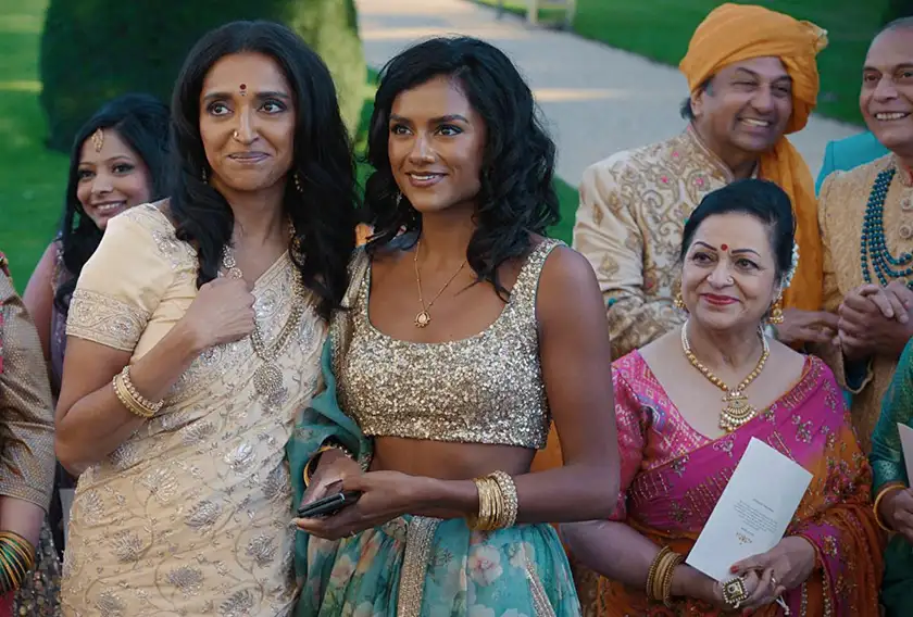 Manoj Anand, A.k. Steppa, Simone Ashley, Vinita Satchit, and Sindhu Vee in a still from the Prime Video movie Picture This