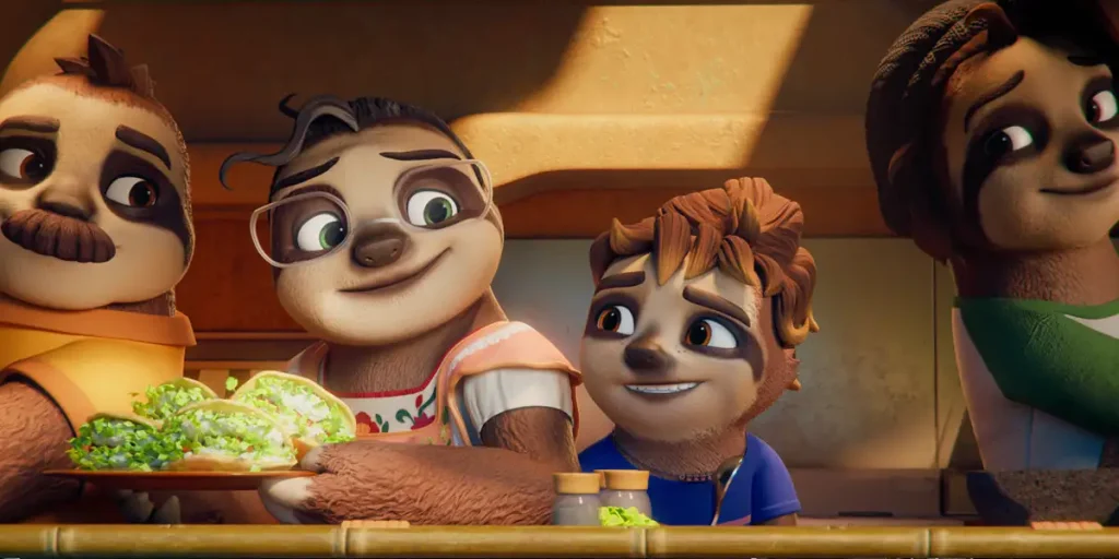 Four sloths prepare food in a still from the animated movie A Sloth Story