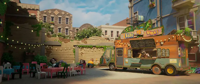 A food van called Esto Es Vida! in a still from the animated movie A Sloth Story