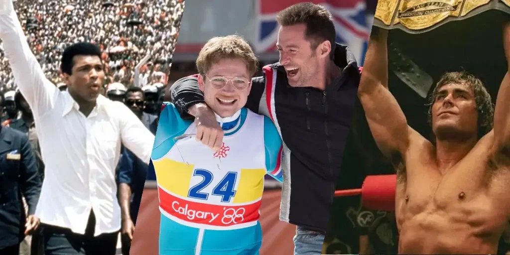 Stills from When We Were Kings, Eddie the Eagle and The Iron Claw, three sports movies to watch on Max