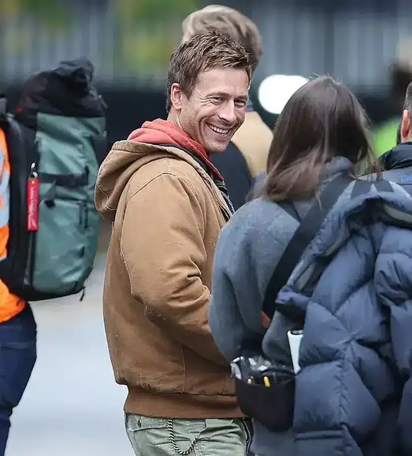 Glen Powell filming The Running Man (2025) in London on November 12, in a still used in an article with everything we know about the Edgar Wright movie