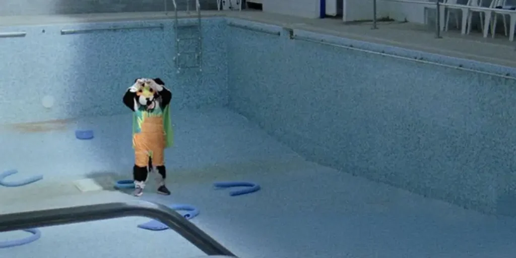 A person wearing a border collie costume stands in an empty swimming pool in a still from The Stimming Pool