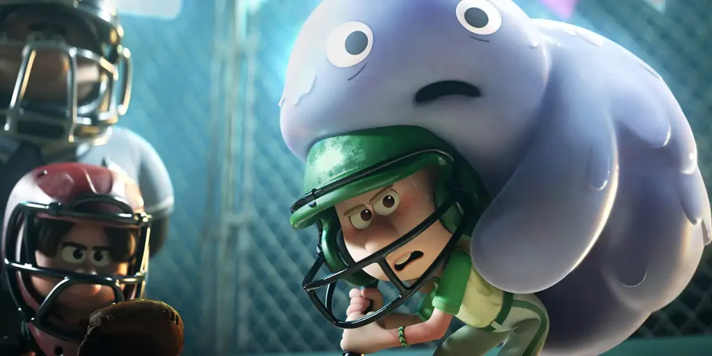 A boy plays rugby with a creature that represents anxiety crouched on his shoulders in the Pixar animated series Win or Lose