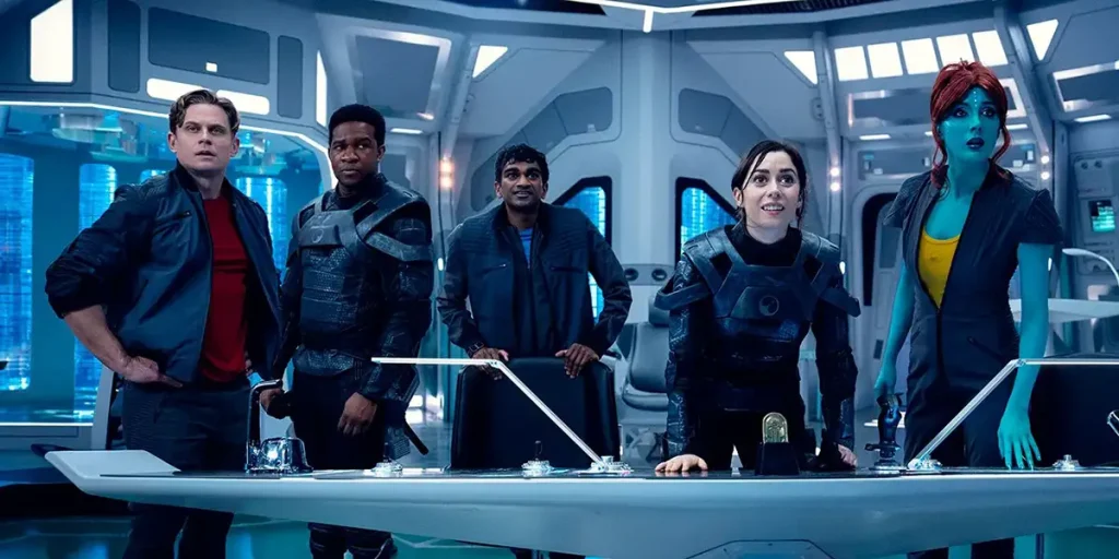 Billy Magnussen, Osy Ikhile, Paul G. Raymond, Cristin Milioti and Milanka Brooks in USS Callister: Into Infinity, Season 7 Episode 7 of Black Mirror