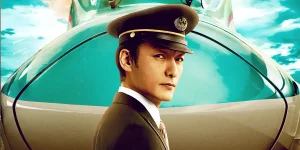 A Shinkansen conductor stands in front of a train in the poster of the Netflix movie Bullet Train Explosion