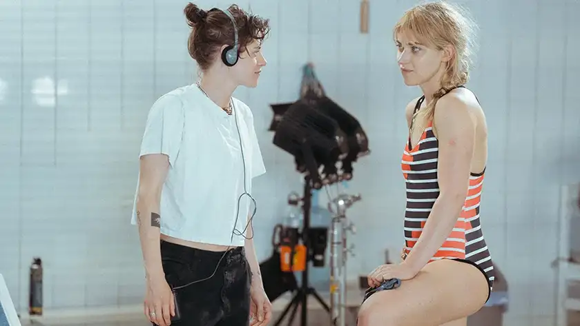 Kristen Stewart directs Imogen Poots in a behind the scenes photo from the film The Chronology of Water, one of the 20 movies to watch at the 2025 Cannes film festival according to Loud and Clear Reviews