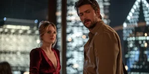 Meghann Fahy and Brandon Sklenar in Drop