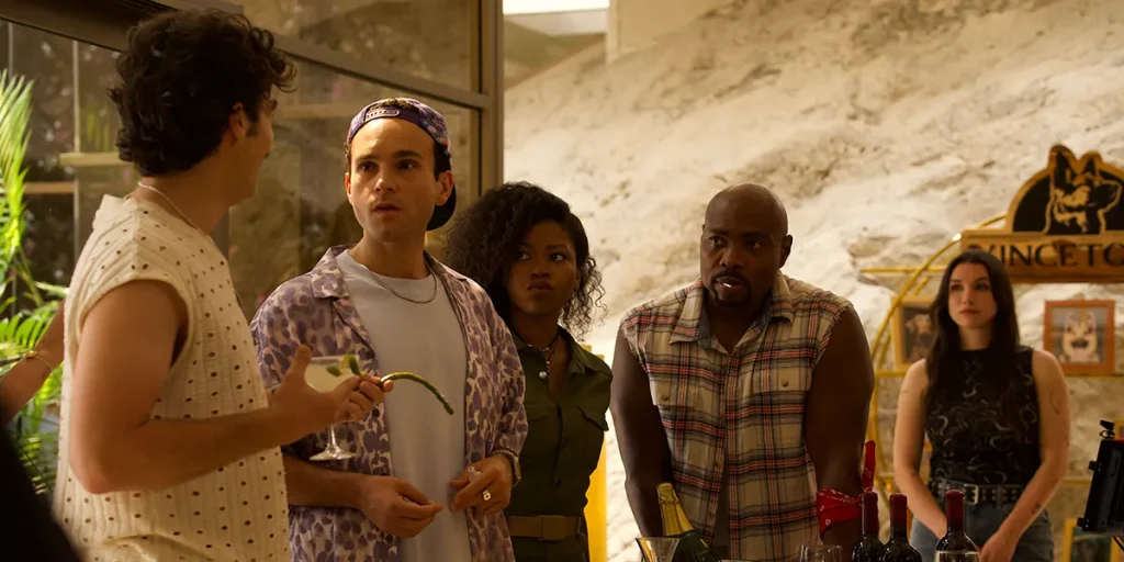 [L-R] Troy Gentile as “Mason Kelly,” Riele Downs as “Killer Queen,” Page Kennedy as “Big Farmer Jay” and Grace Caroline Currey as “Violet” in A Breed Apart (2025)