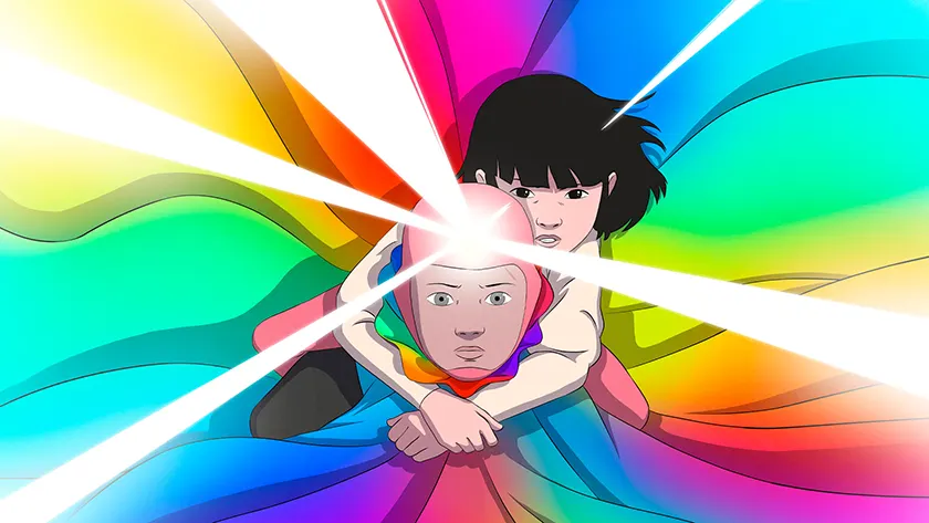 A girl hugs a boy who flies through time in a rainbow in an animated still from the film Arco