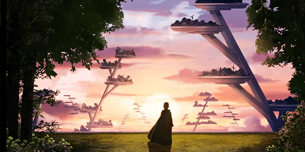 A boy with a cape looks at a beautiful dystopian landscape in an animated still from the film Arco