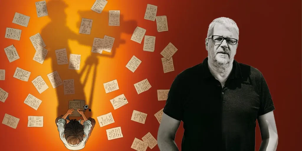 A black and white picture of director Sylvain Chomet, whom we interview, in front of the official poster for the film A Magnificent Life (Marcel et Monsieur Pagnol)