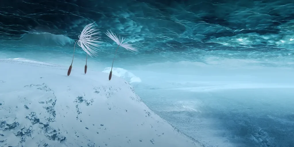 Three dandelion seeds are flying in the arctic in a still from the film Dandelion's Odyssey (Planètes)