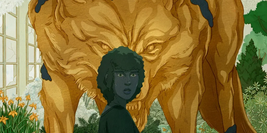 A girl stands in front of a wolf in an animated still from the film Death Does Not Exist (La Mort N'Existe Pas)