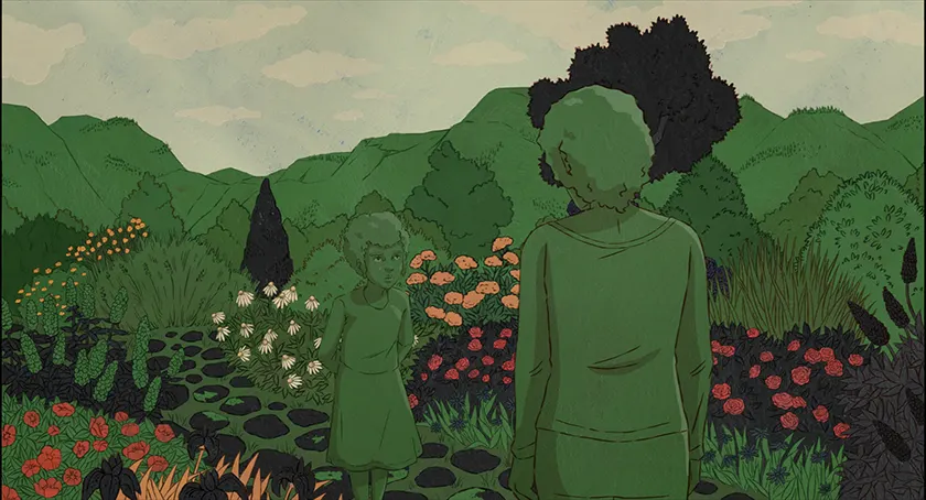 Two girls face each other in an animated still from Death Does Not Exist (La Mort N'Existe Pas) where green is the main color