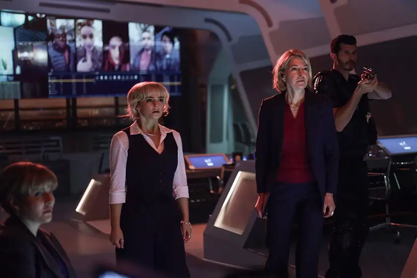 Shirley (Ruth Madeley) Ruby Sunday (Millie Gibson) Kate Lethbridge Stewart (Jemma Redgrave) and Colonel Ibrahim (Alexander Devrient) in Season 15 (also known as Season 2) Episode 4 of Doctor Who (2025), named "Lucky Day"