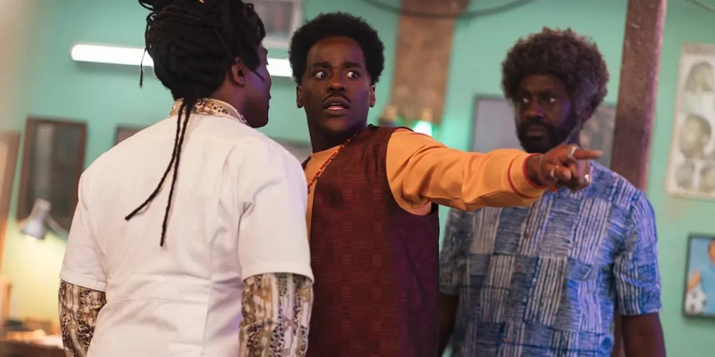 Ariyon Bakare, Sule Rimi, and Ncuti Gatwa in Doctor Who Season 15 Episode 5, "The Story & the Engine"