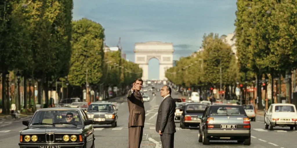 Claes Bang and Michel Fau stand in the middle of the road in La Defénse in the film The Great Arch (L'Inconnu de la Grande Arche)