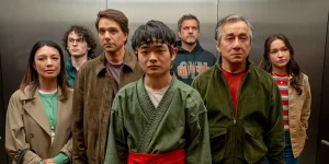 (L to R) Ming Na Wen, Wyatt Oleff, Ralph Macchio, Ben Wang, Joshua Jackson, Jackie Chan and Sadie Stanley in Karate Kid: Legends