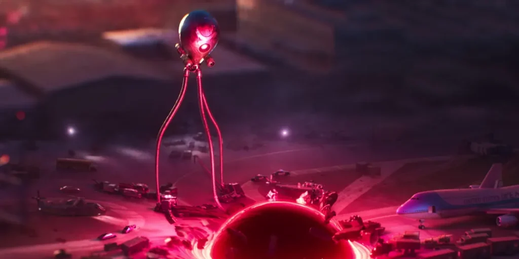An alien looks at a pink ball on the ground in an animated still from Love, Death & Robots Season 4