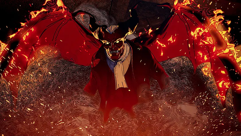 A man with dragon wings in an animated still from Love, Death & Robots Season 4