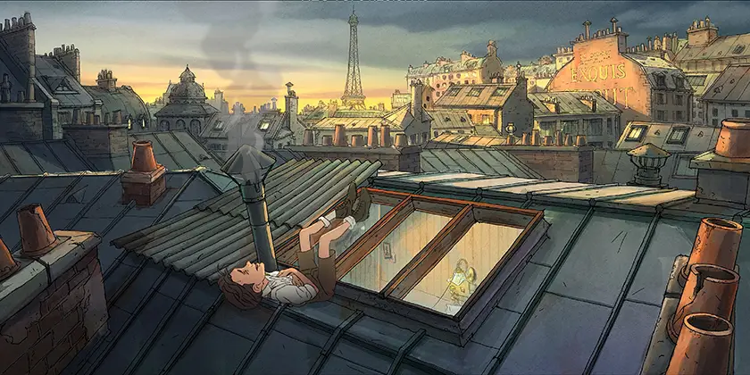 A boy sits on a rooftop upside down in a still from the animated film A Magnificent Life (Marcel et Monsieur Pagnol), whose director, Sylvain Chomet, we interview