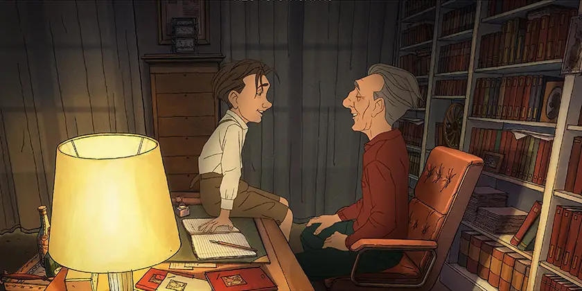 A boy and an old man sit opposite each other in a still from the animated film A Magnificent Life (Marcel et Monsieur Pagnol), whose director, Sylvain Chomet, we interview