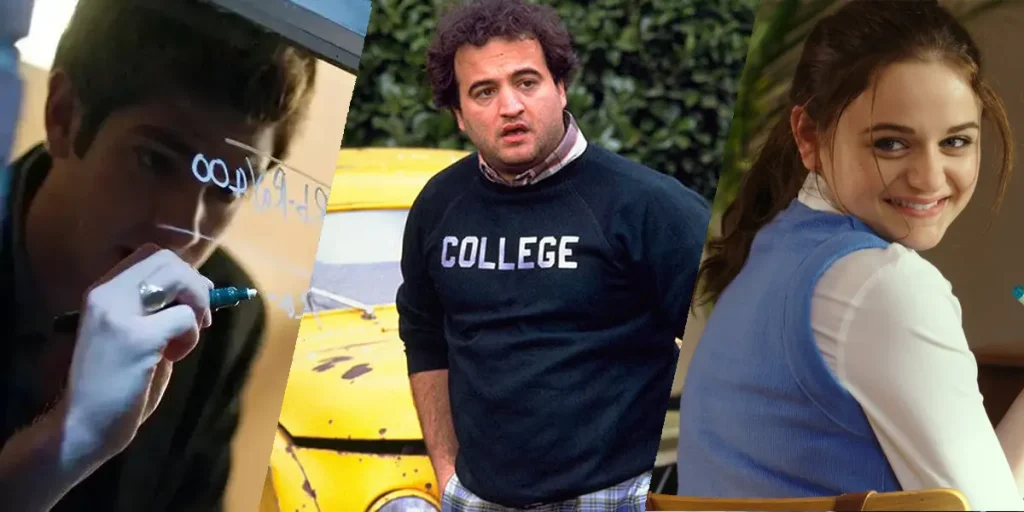 Stills from The Social Network, Animal House, and The Kissing Booth