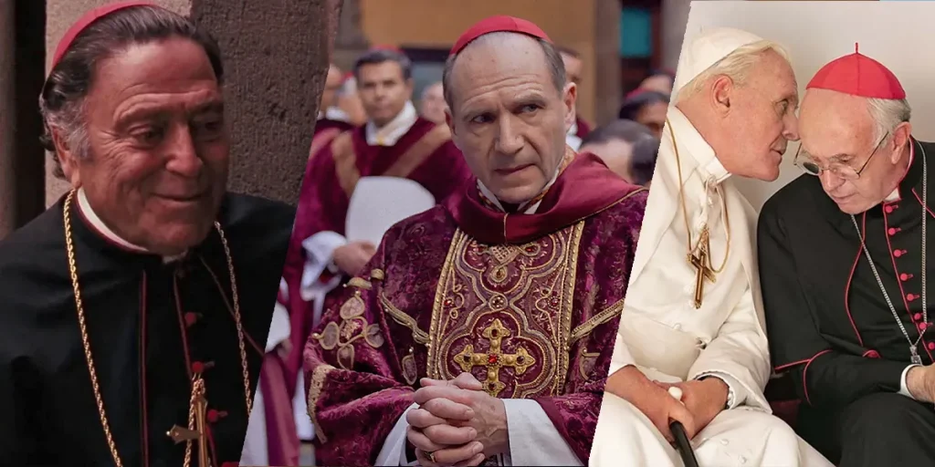 Stills from Godfather III, Conclave and The Two Popes, three of the 10 movie portrayals of the pope, the papal conclave, and popes in cinema