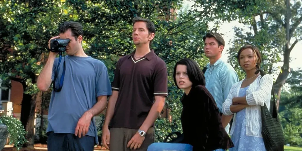 Neve Campbell, Jamie Kennedy, Elise Neal, Jerry O'Connell, and Timothy Olyphant in Scream 2