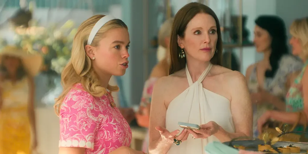 (L to R) Milly Alcock as Simone, Julianne Moore as Michaela in episode 101 of Sirens, the 2025 Netflix series