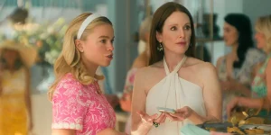 (L to R) Milly Alcock as Simone, Julianne Moore as Michaela in episode 101 of Sirens, the 2025 Netflix series