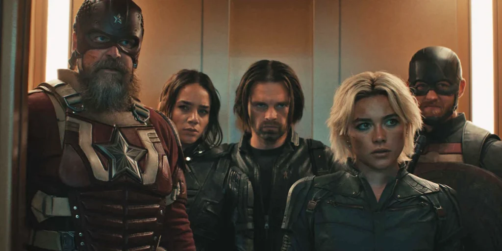 (L-R): Alexei Shostakov/Red Guardian (David Harbour), Ghost (Hannah John-Kamen), Bucky Barnes (Sebastian Stan), Yelena Belova (Florence Pugh), and John Walker (Wyatt Russell) in Marvel Studios' Thunderbolts*