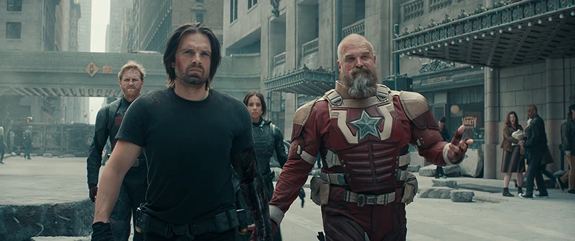 (L-R): John Walker (Wyatt Russell), Bucky Barnes (Sebastian Stan), Ghost (Hannah John-Kamen) and Alexei Shostakov/Red Guardian (David Harbour) in Marvel Studios' Thunderbolts*.