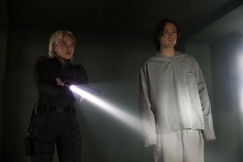 (L-R) Yelena Belova (Florence Pugh) and Bob (Lewis Pullman) in Marvel Studios' Thunderbolts*.