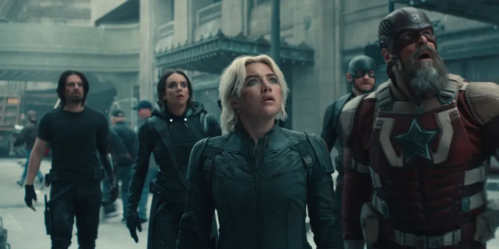 (L-R) Bucky Barnes (Sebastian Stan), Ghost (Hannah John-Kamen), Yelena Belova (Florence Pugh), John Walker (Wyatt Russell), and Red Guardian/Alexei Shostakov (David Harbour) in Marvel Studios' THUNDERBOLTS*.