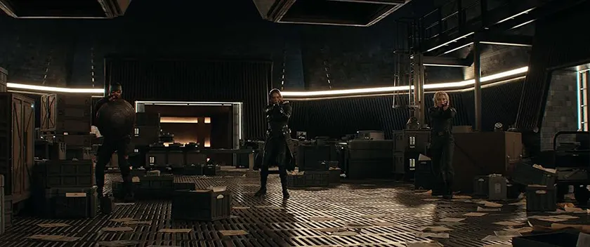 (L-R): John Walker (Wyatt Russell), Ghost (Hannah John-Kamen), and Yelena Belova (Florence Pugh) in a still from Thunderbolts*, whose ending saves the movie as explained in this Loud And Clear Reviews article