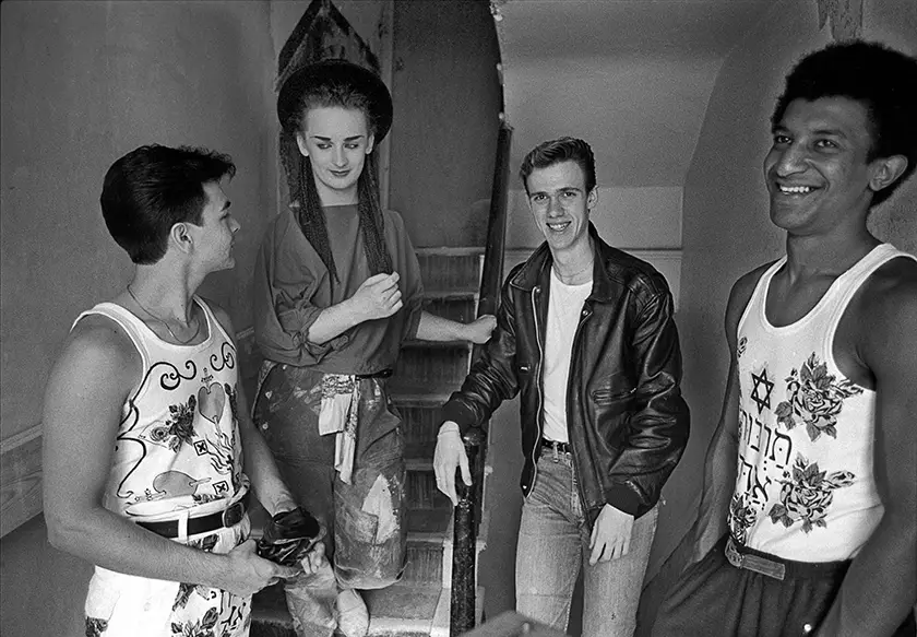 The band in a black and white still from Boy George & Culture Club