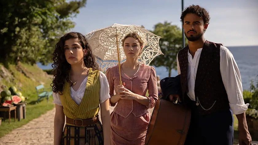 Grace Ambrose, Imogen Waterhouse and Matthew Broome in The Buccaneers Season 2