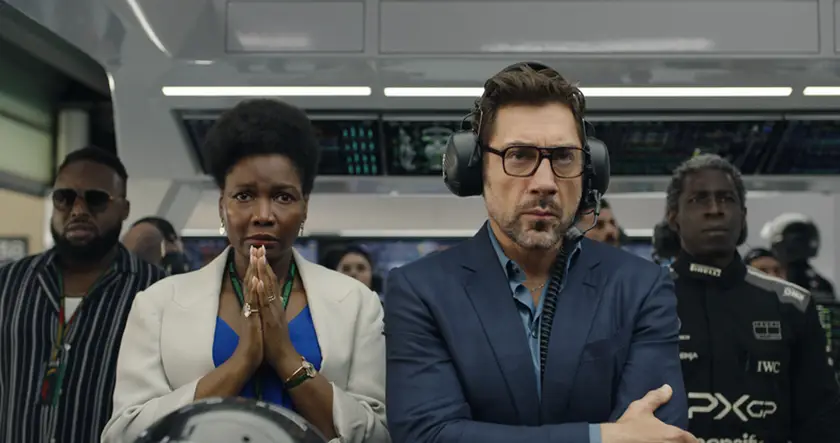 Samson Kayo as Cash, Sarah Niles as Bernadette, Javier Bardem as Ruben Cervantes and Abdul Salis as Dodge in “F1: The Movie”