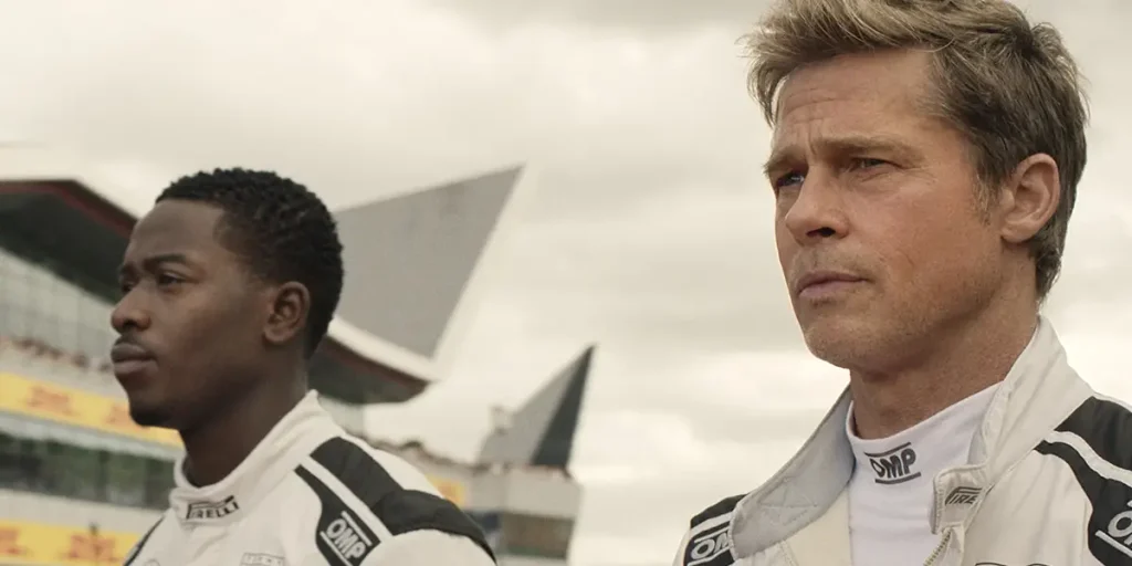 Damson Idris as Joshua Pearce and Brad Pitt as Sonny Hayes in “F1: The Movie”