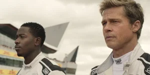 Damson Idris as Joshua Pearce and Brad Pitt as Sonny Hayes in “F1: The Movie”