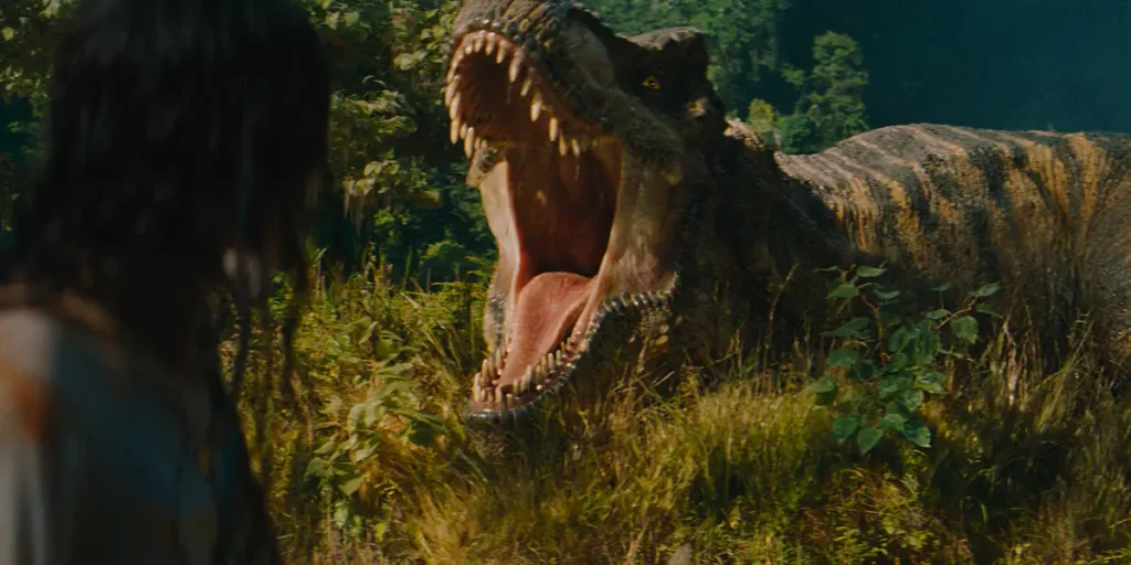 Luna Blaise and the T-Rex in Jurassic World Rebirth, directed by Gareth Edwards.